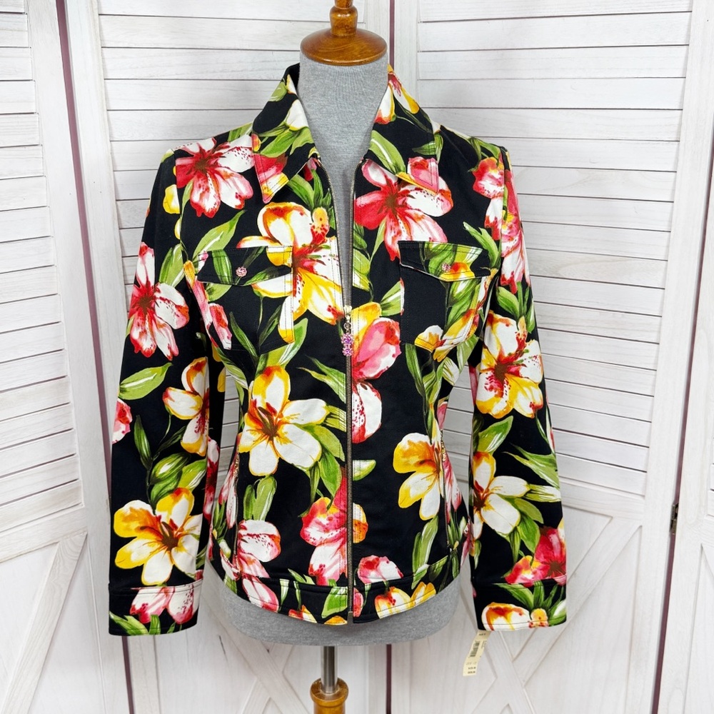 Vntg St.‎ John Sport Jacket Women Small Black Tropical Flower Print Denim Zip Up